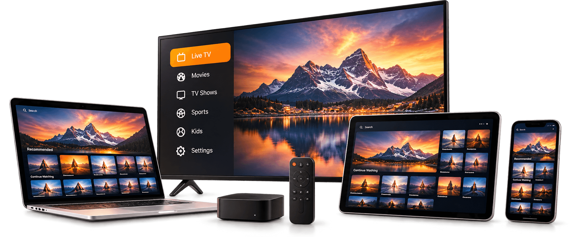 A smart TV, laptop, tablet and smartphone showing a streaming app, with a streaming box and remote control